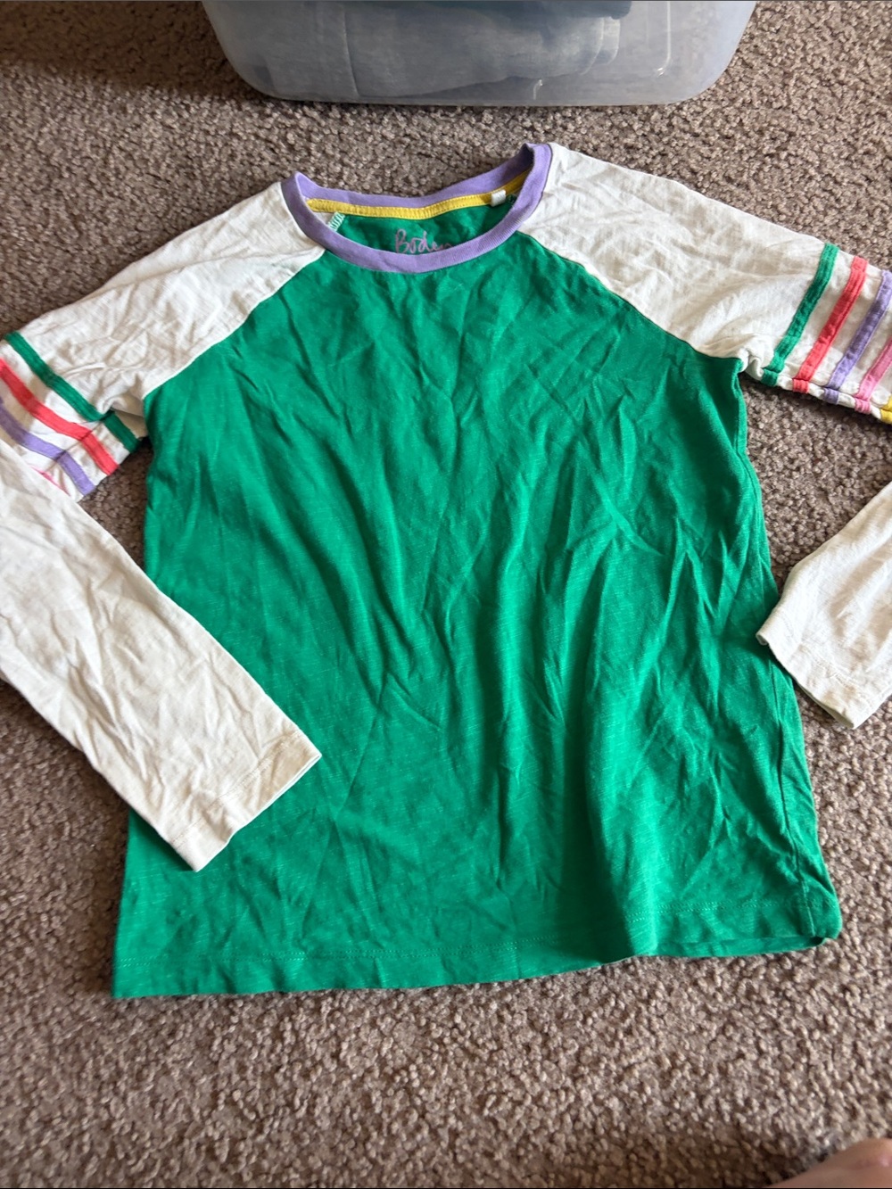 B73 Boden 11-12 Kids' Green Raglan Long Sleeve Shirt with Stripe Accents